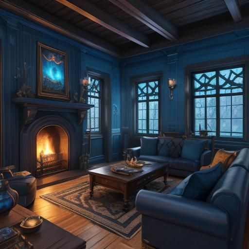 magic cabin, living room, blue accents, floating lamps, fire...