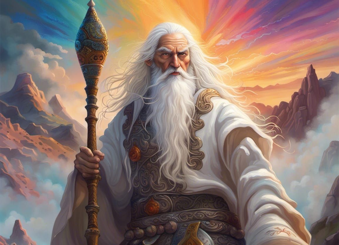 A long-white-hair mystic man holding a staff in high mountain, vibrant, intricate detailed, beautiful composition, amazi...