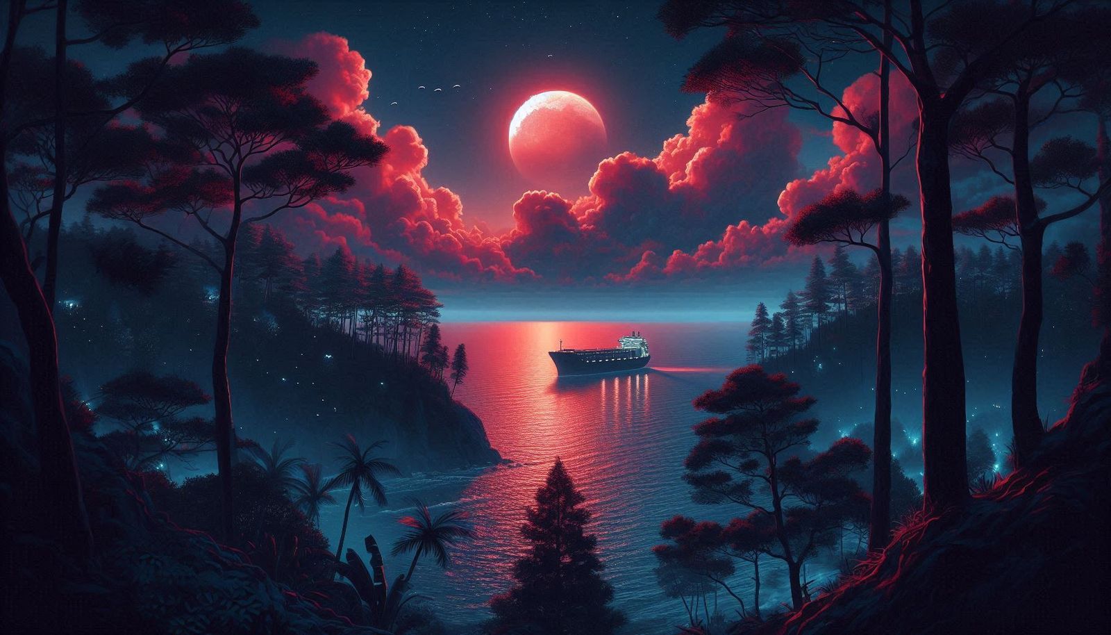 Bloodmoon surrounded by thick clouds, ships anchoring in the...