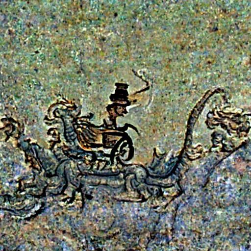 Man in a top hat riding a chariot pulled by dragons