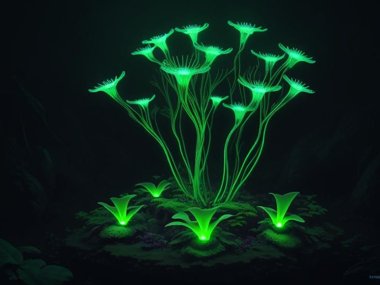 Glowing underground plants illuminated by bioluminescence  by @Helena_vainyksi