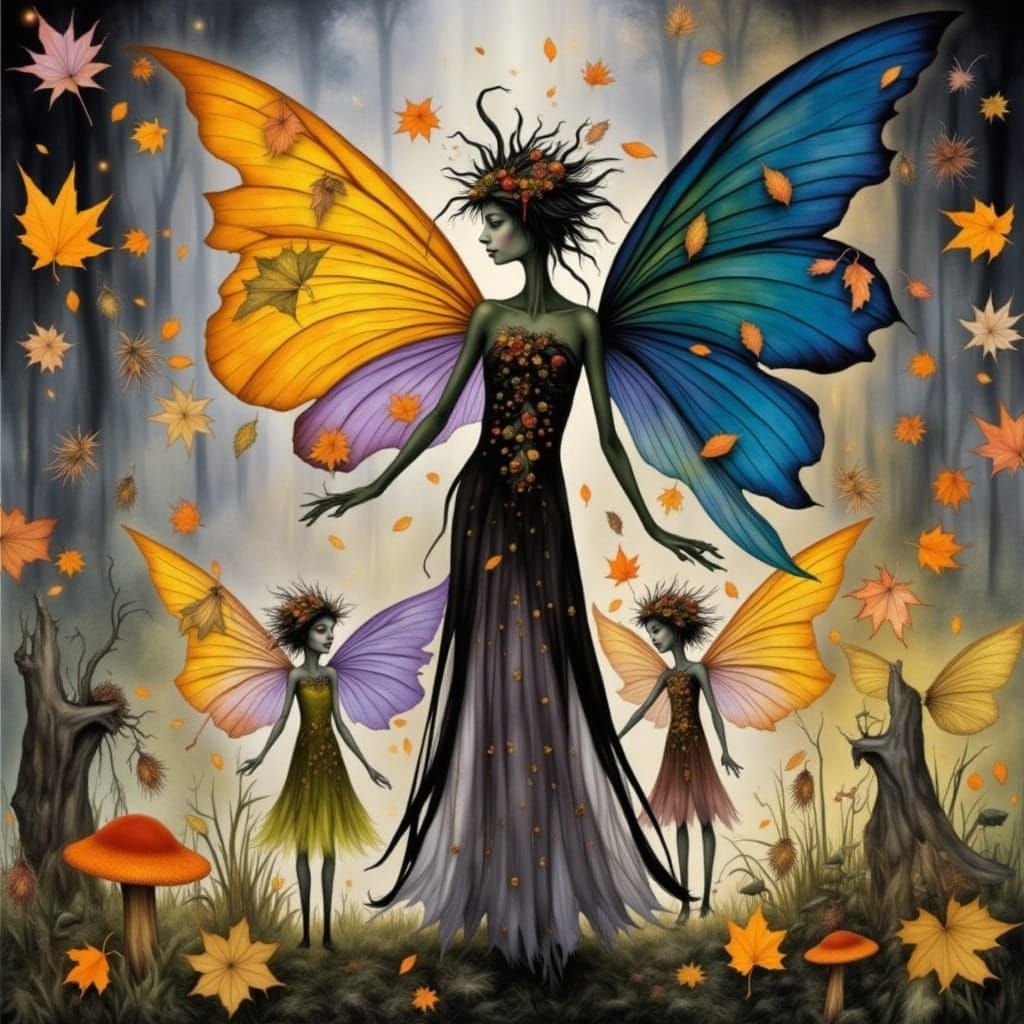 <lora:Fall Fairies 2:1.0>  fall fairy gathering