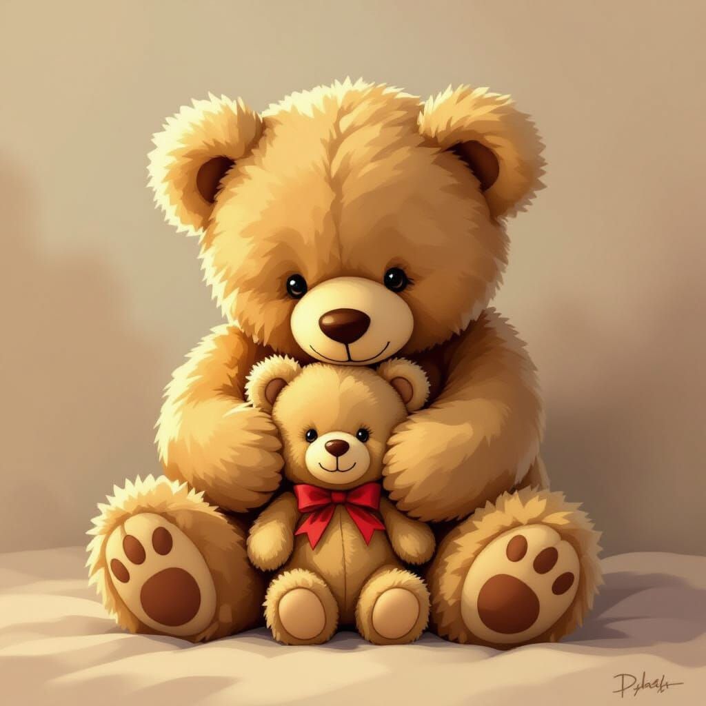 Tender Embrace: Two Teddy Bears in Children's Book Style