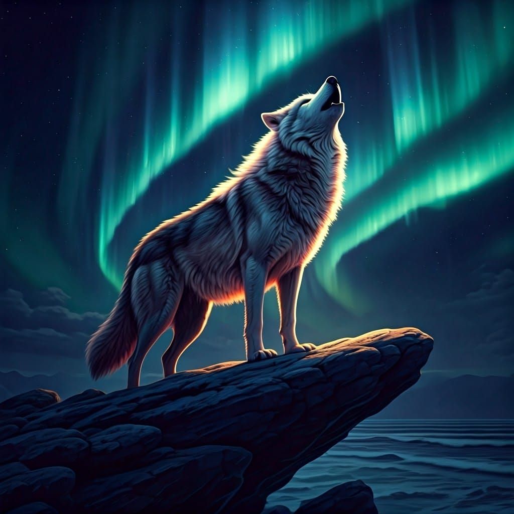 Wolf Howling Under Northern Lights in Dreamlike Style