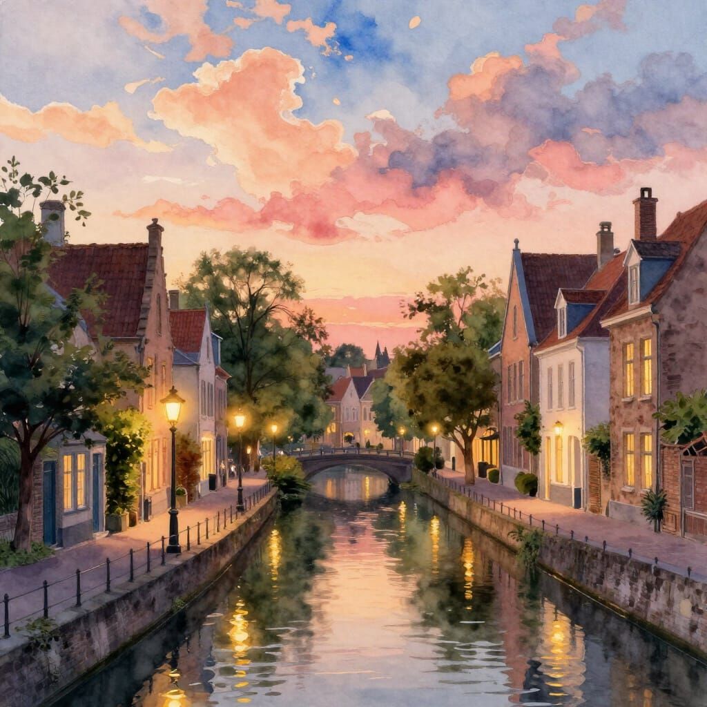 Dreamy Watercolor Sunset Over European Canal Street