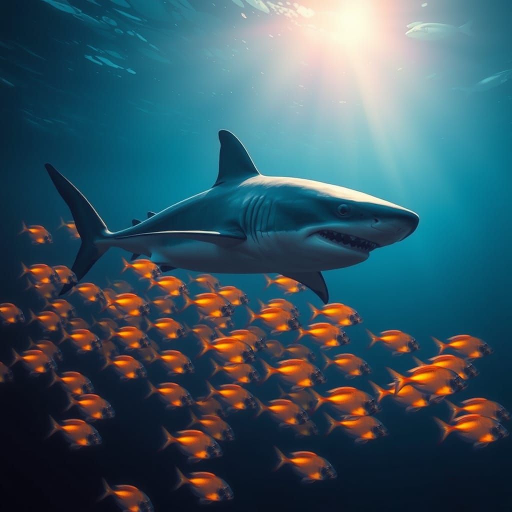 Colossal Shark Guards Glowing Fish in Surreal Deep Ocean