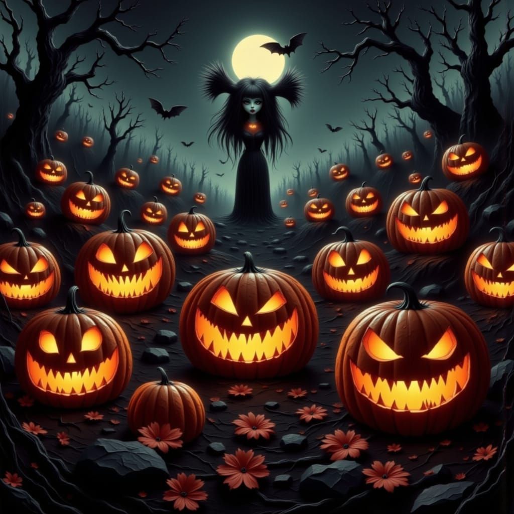 Gleeful Pumpkins in Foggy Night, Dark Maximalist Style