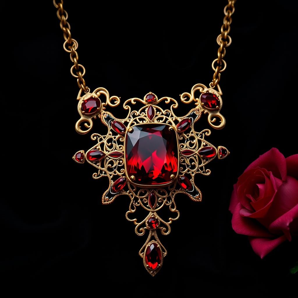 A luxurious gothic-style necklace with an intricate geometric design, featuring a large red garnet gemstone ...  by @Pamma