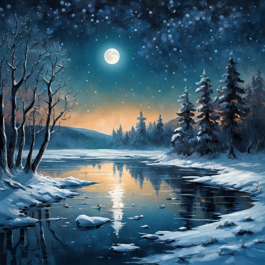 winter landscape at full moon and starry night, Icy lake with reflections  by @GRAZYNA-BARBARA