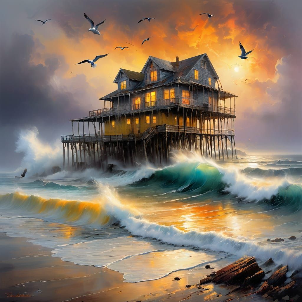 A old dilapidated large beach house on piling