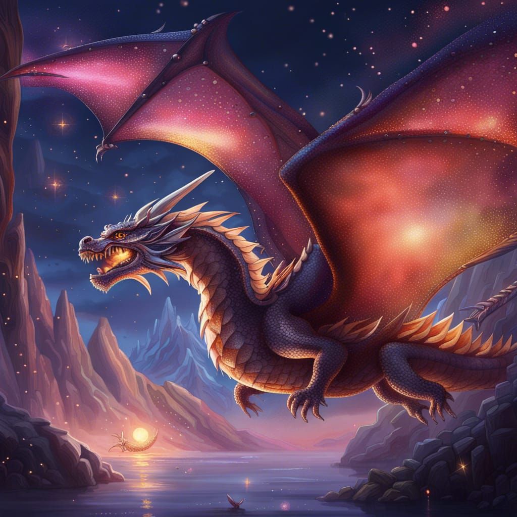 Imagine a breathtaking scene where a majestic dragon soars g...