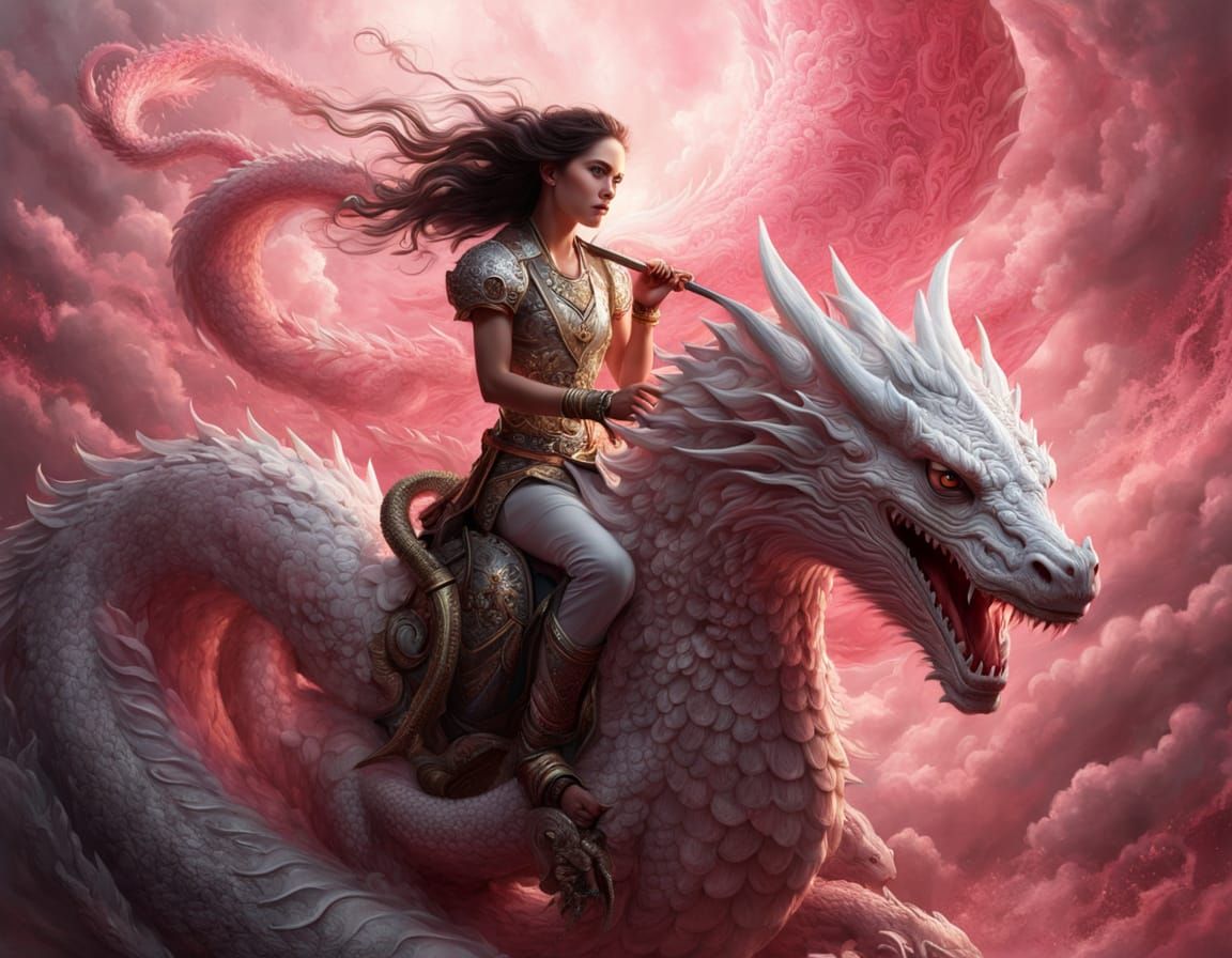 Girl Riding a Dragon of Clouds in Fantasy Art