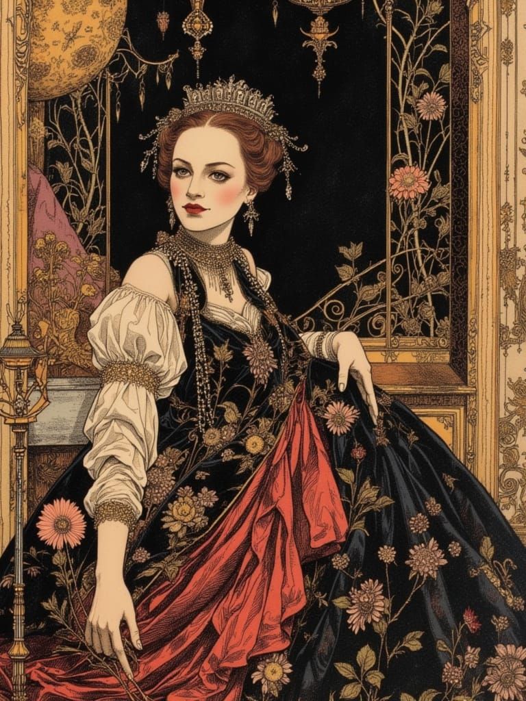 <lora:Concelo:1.0> in the style of an ancient shroud, depict a  refined, beautiful woman from the Faewilds as imagined by David Downton, in...