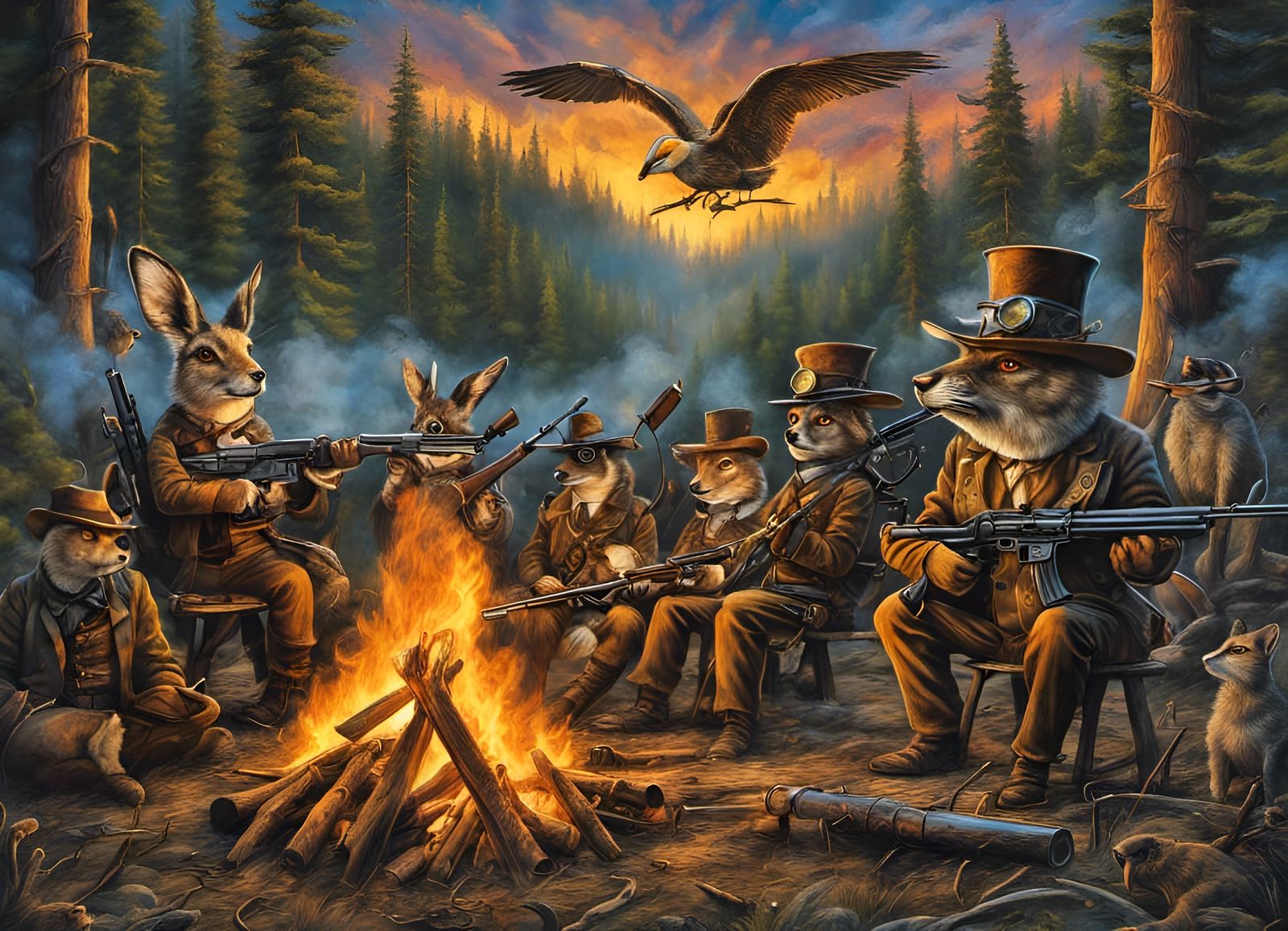 Many detailed steampunk animals gathered to burn rifles