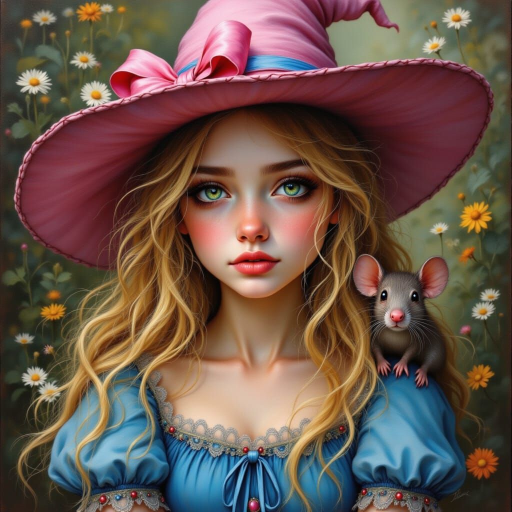 Renaissance style portrait of a cute witch in a blue dress and bubblegum pink hat with a bow. She has green eyes and blonde hair. A weird ra...