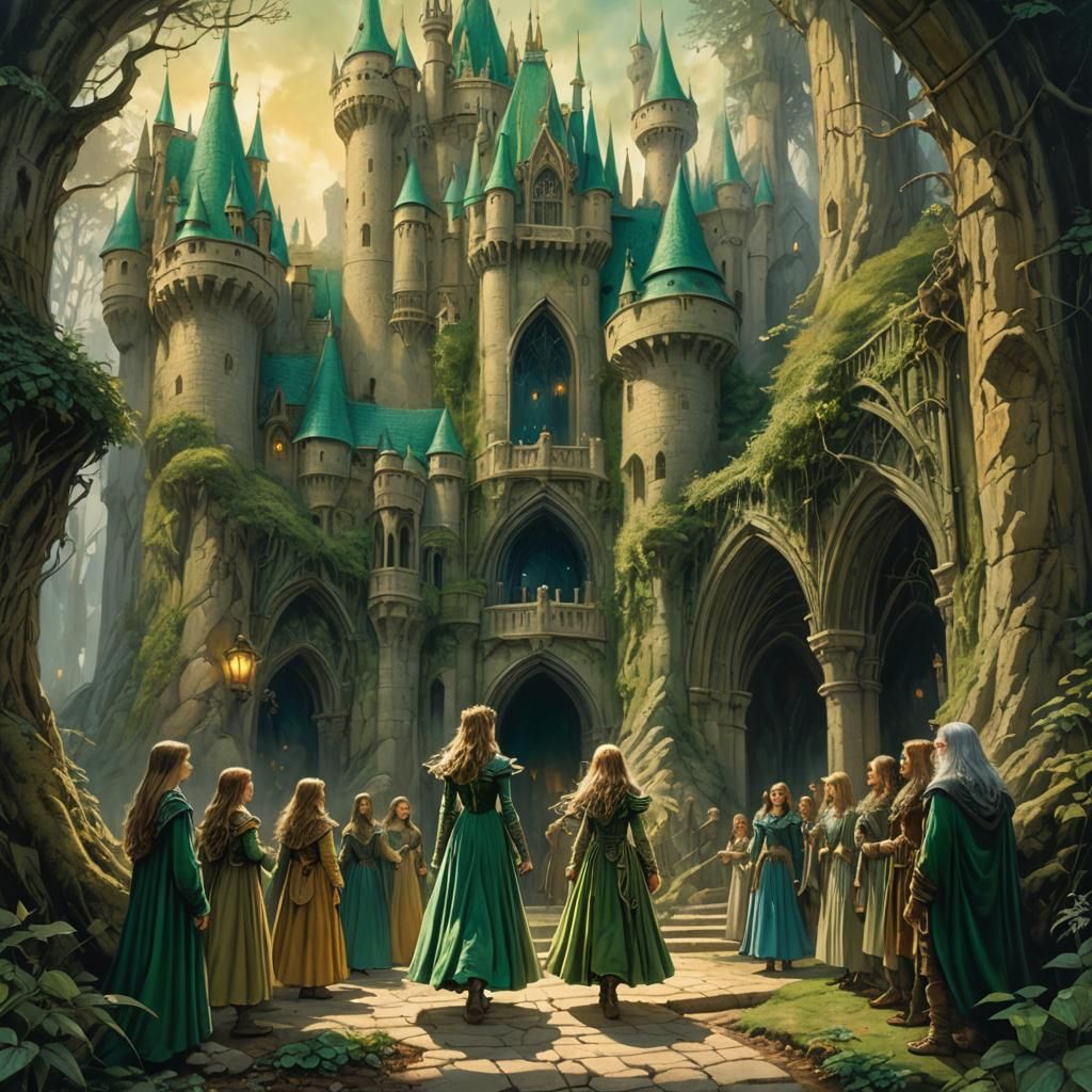 Enchanted Princess and Dwarfs in Fantasy Forest