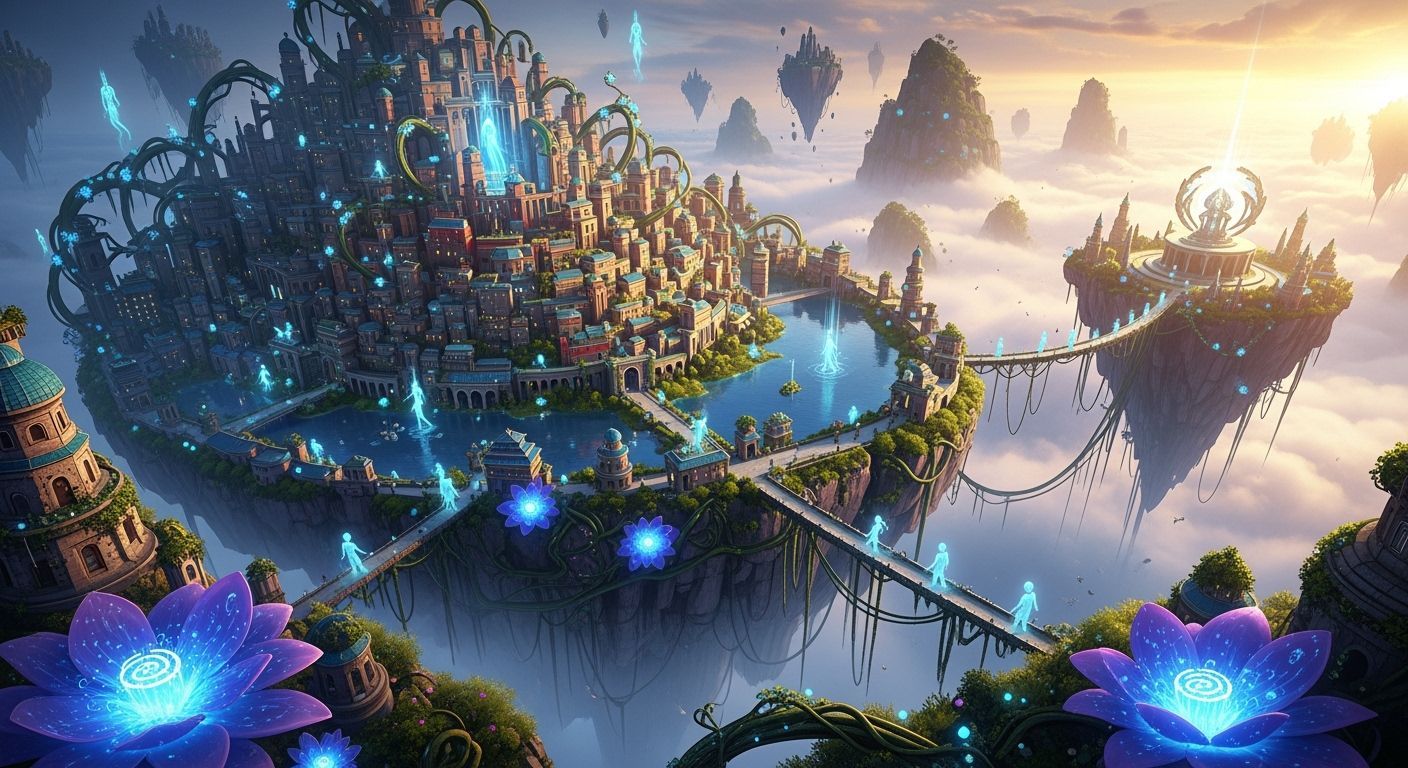 Ultra-detailed hyperrealistic cinematic concept art of a surreal floating island-city above the clouds. A dense cityscape with colorful hous...