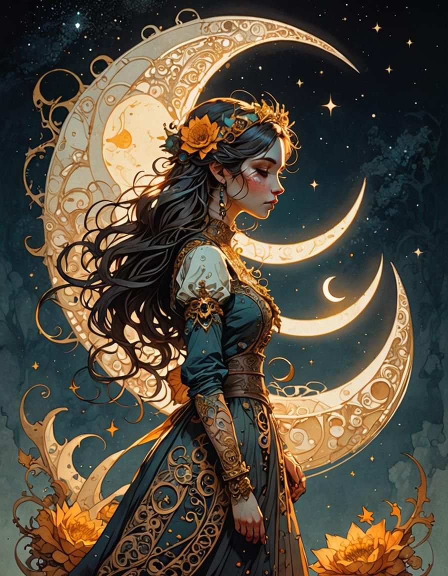 Girl Intertwined with Crescent Moon and Sun