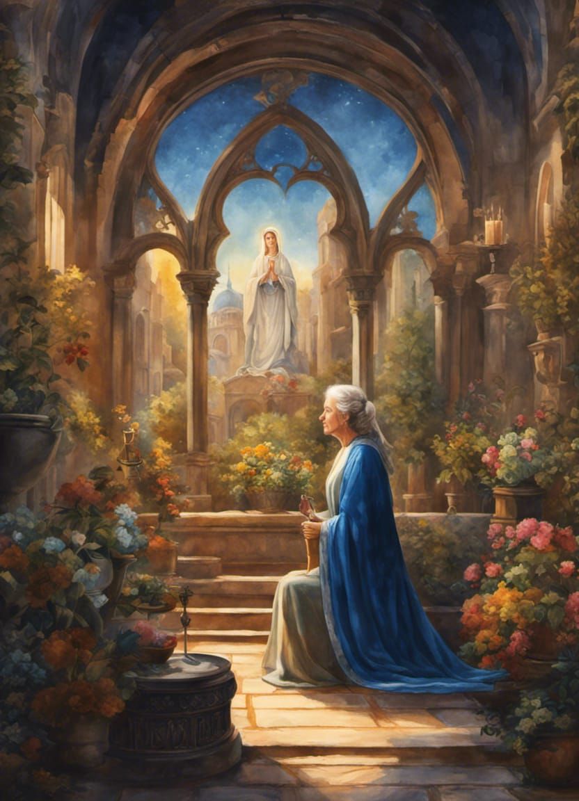 watercolor of a 50 year old lady looking at the image of Our...