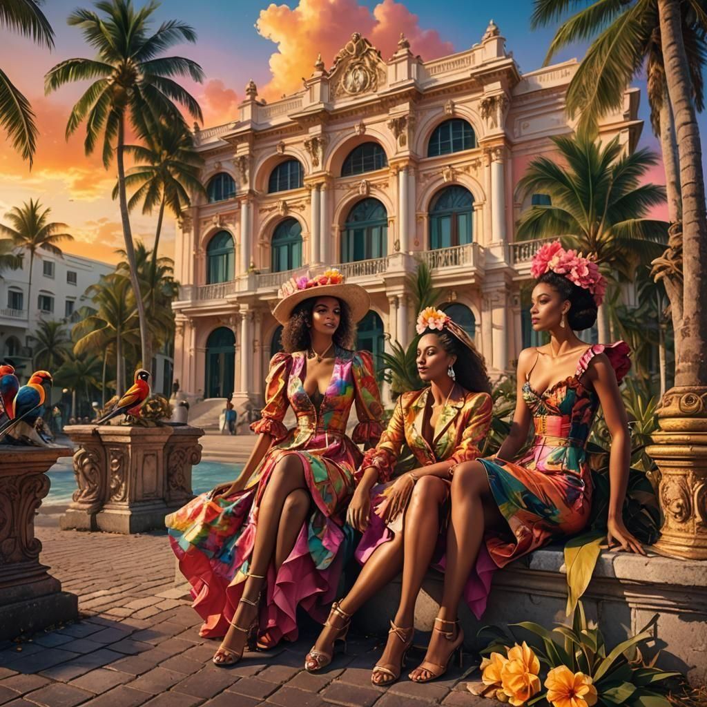 A group of three women in tight colourful summer clothes, 16...