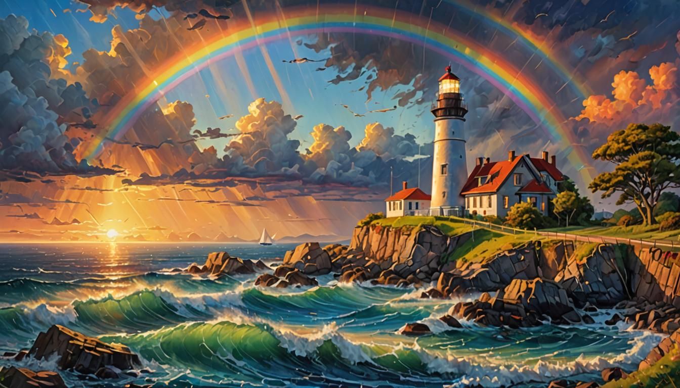 lighthouse with rainbow at sunset, Art Masterpiece, Museum Epic Impressionist Maximalist Masterpiece, ...  by @ih432
