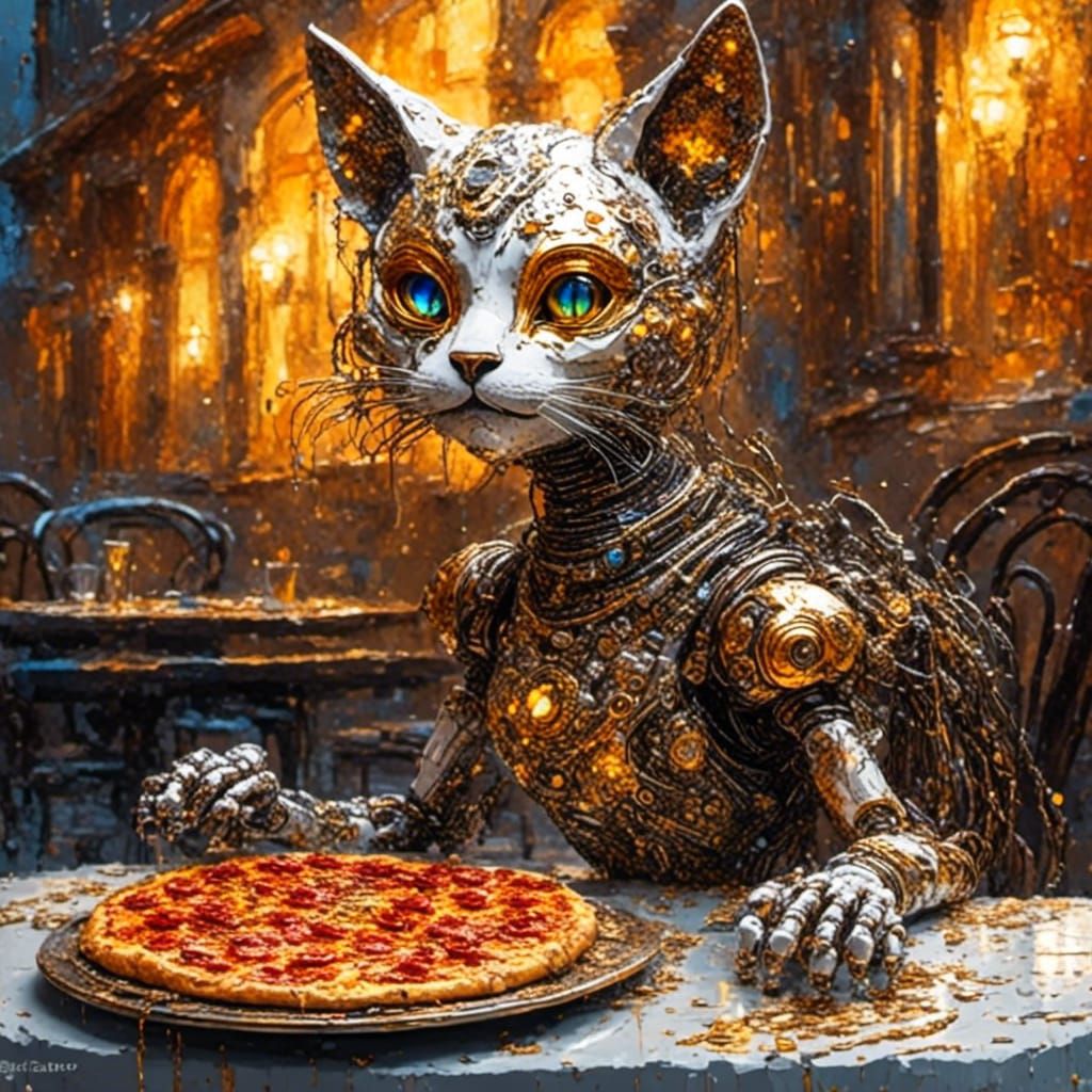 Cat Cyborg Robot Eats Pizza: Vibrant Oil Painting