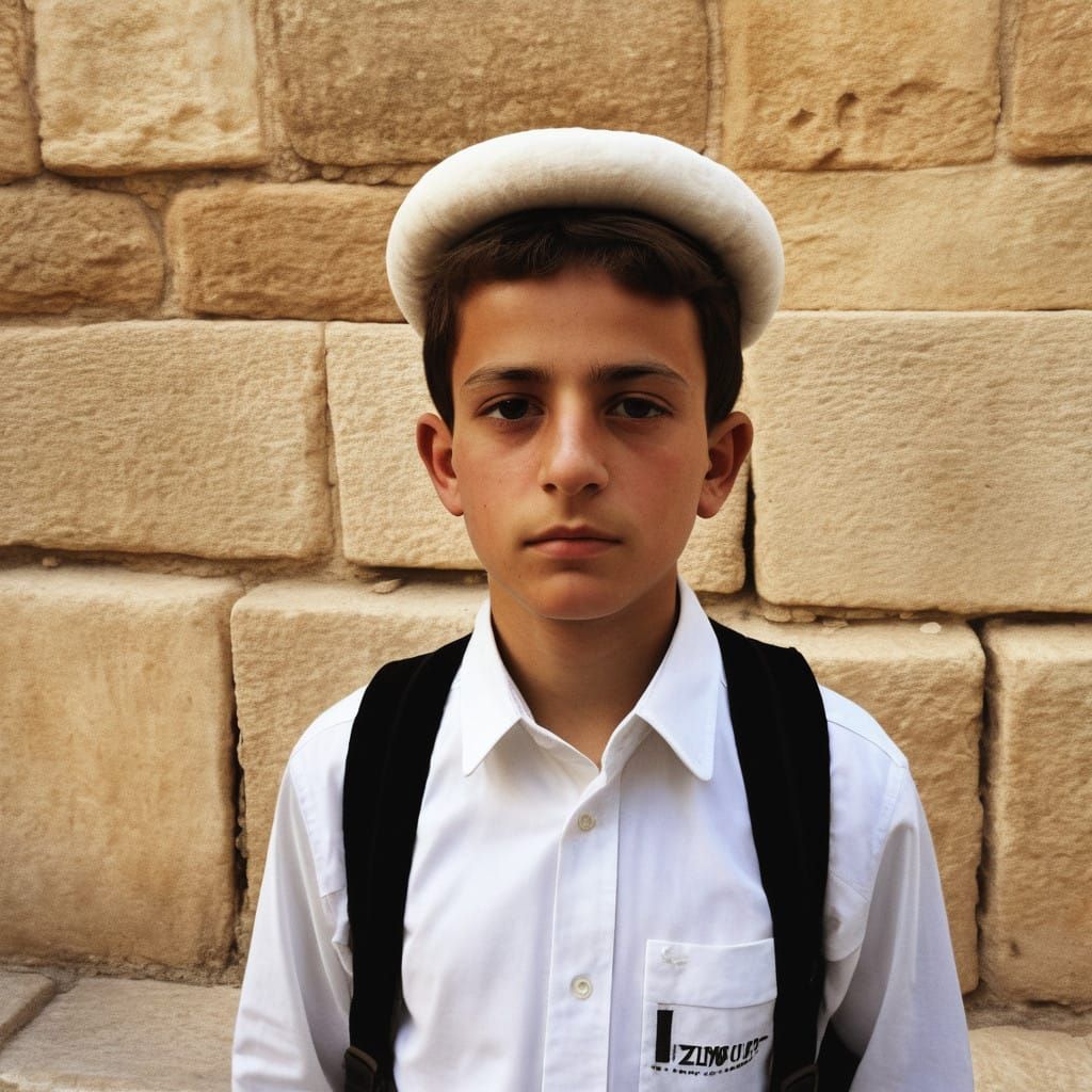 Ultra-Orthodox Boy in Traditional Attire Against Jerusalem S...