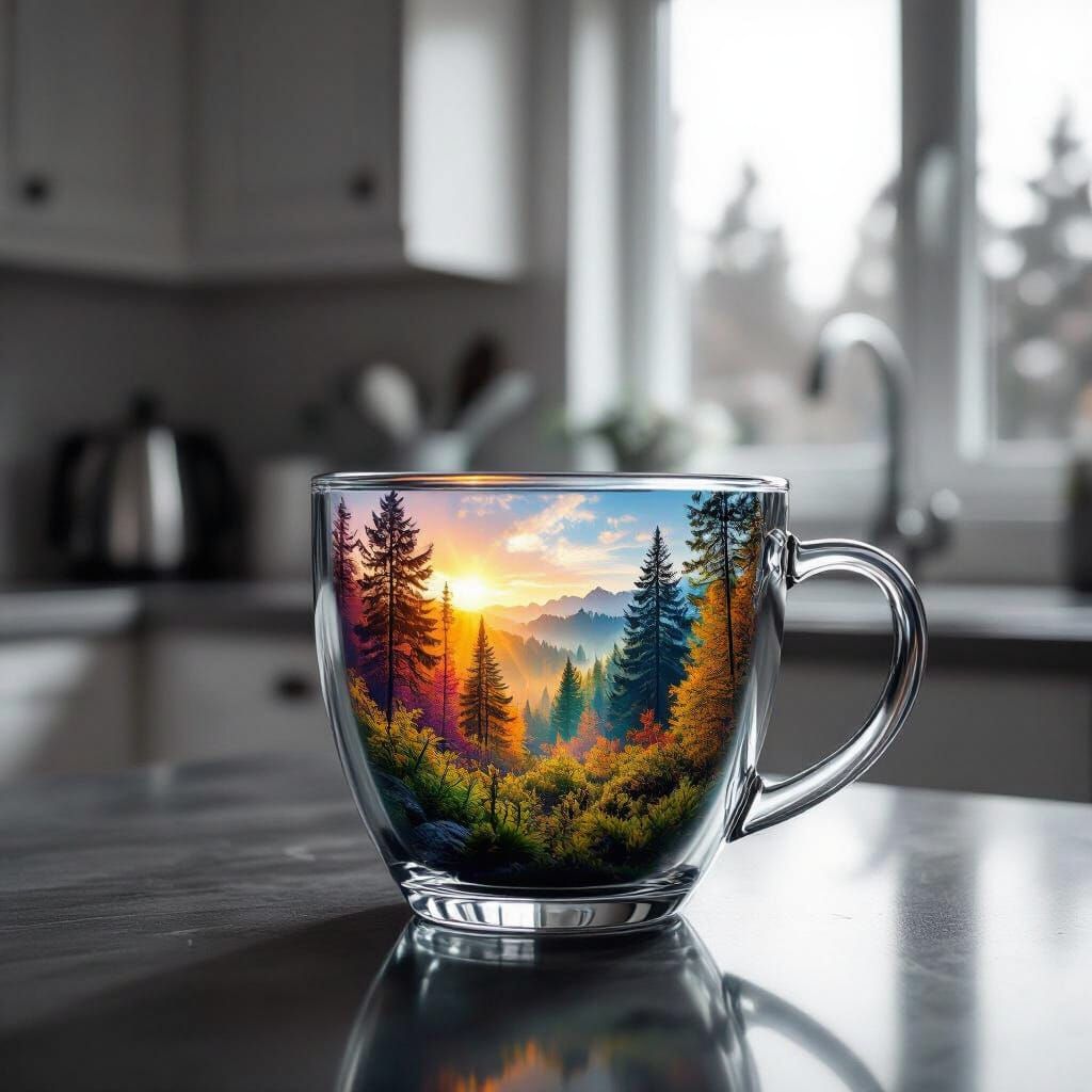 Vibrant Forest Scene in Glass Cup Contrasts Kitchen