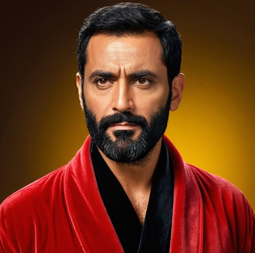 A handsome  serious man with   black  hair and beard  wearin...