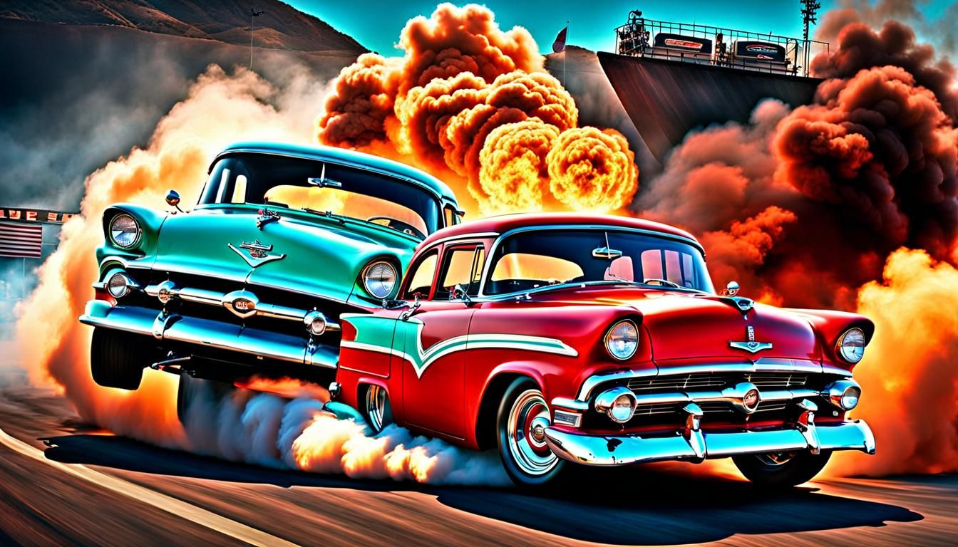 Supercharged 1956 Ford drag racing against 1957 Chev .... smoke, sparks, speed ,,, color theme Amber ...  by @Don1944