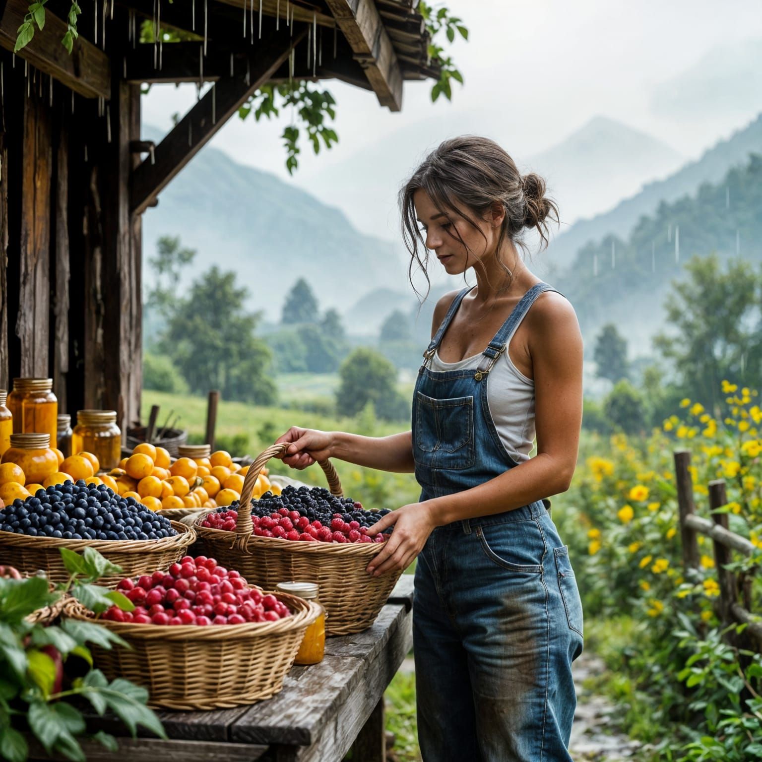 A charming, slightly overgrown farmstand is tended by a stoic female farmer in worn, practical overalls ...  by @J_