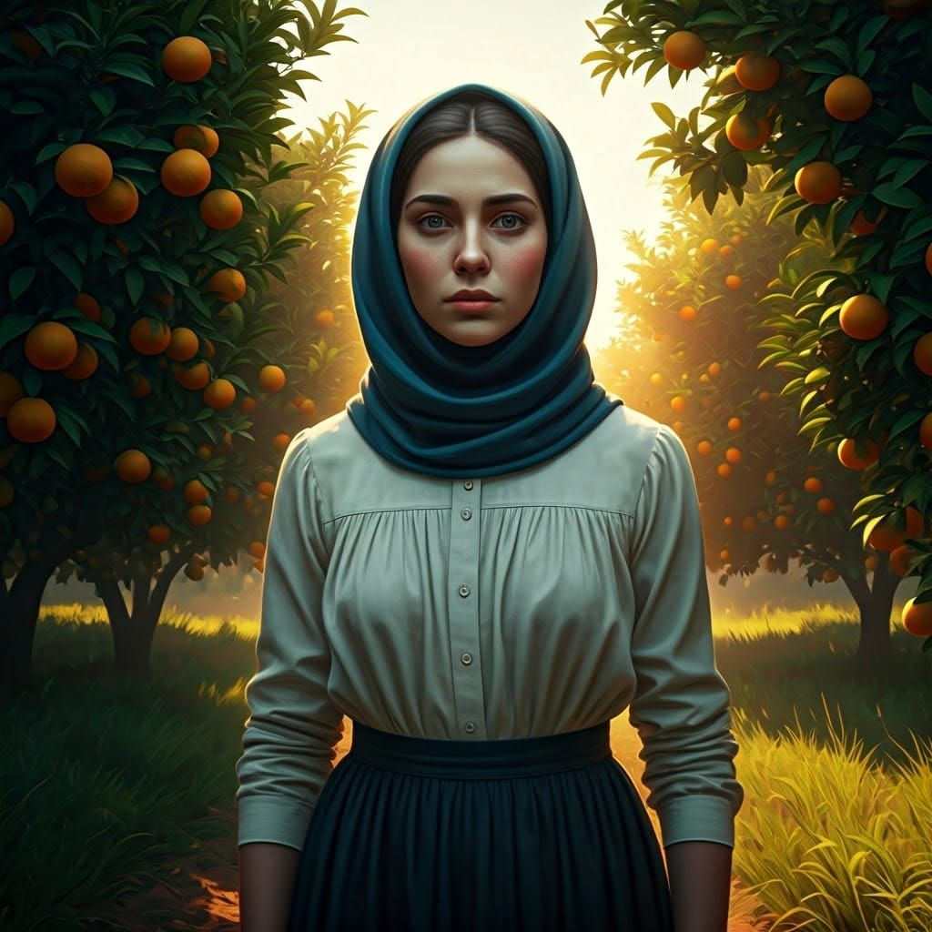 Serene Woman in a Vibrant Orange Grove