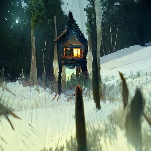 Small cabin surrounded by pine trees