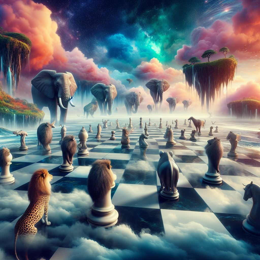 a giant chess game with animals as pieces
