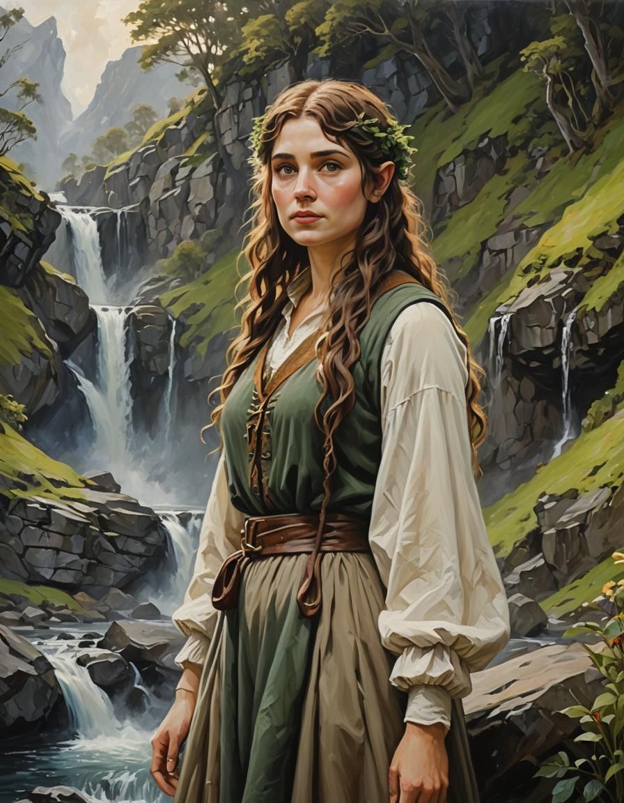 A Beautiful Curvy young Hobbit woman by a waterfall, half bo...