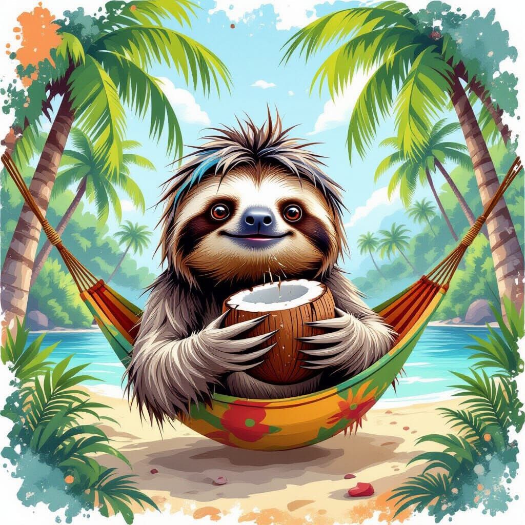 Sloth with messy hair eating a coconut, surrounded by African palms in tiki style. Splash art, splatter ...  by @Marv