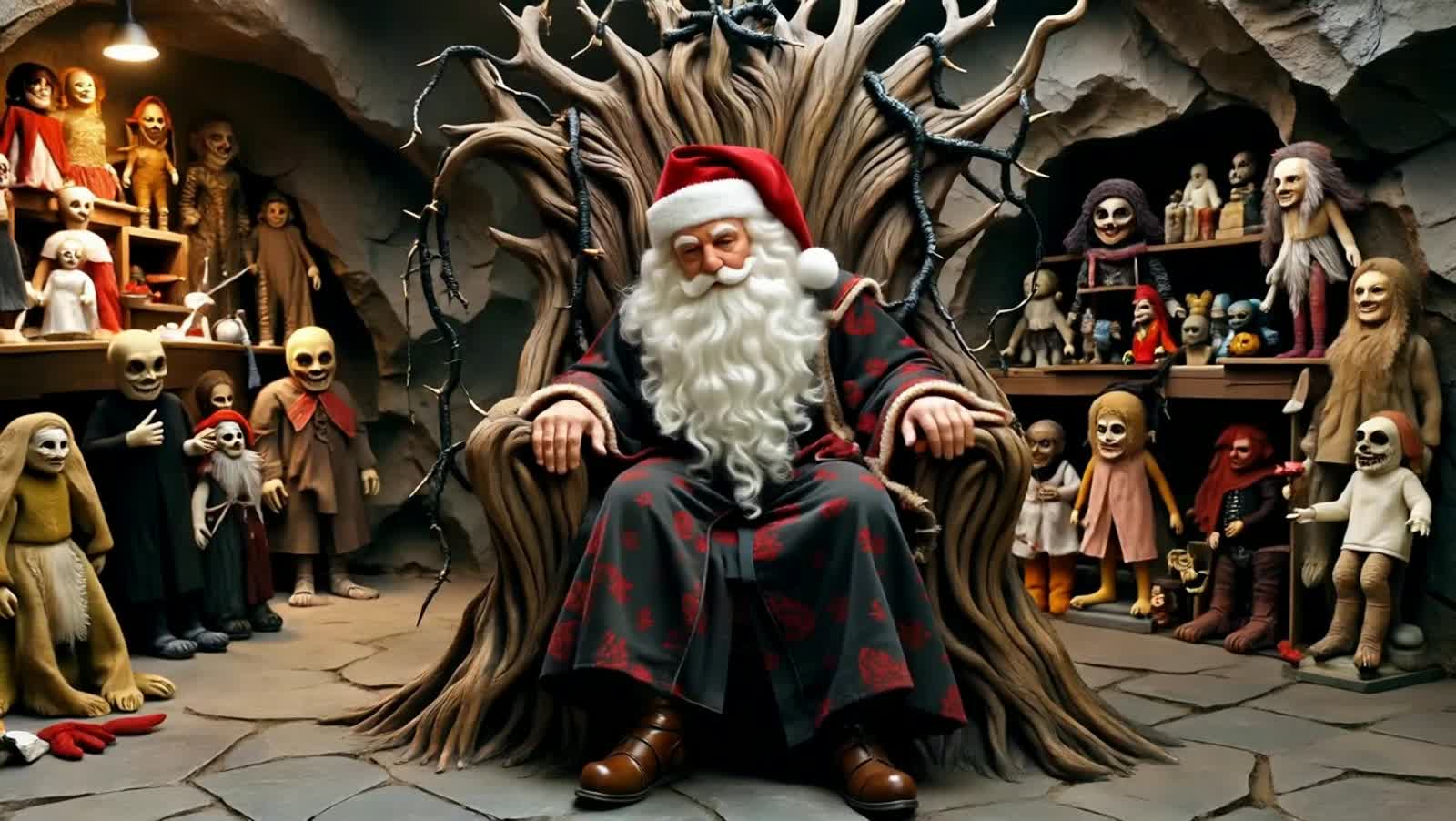 Santa Claus, depicted in a gothic art style, sits on a throne made of gnarled, ancient roots within a dimly lit, caverno...