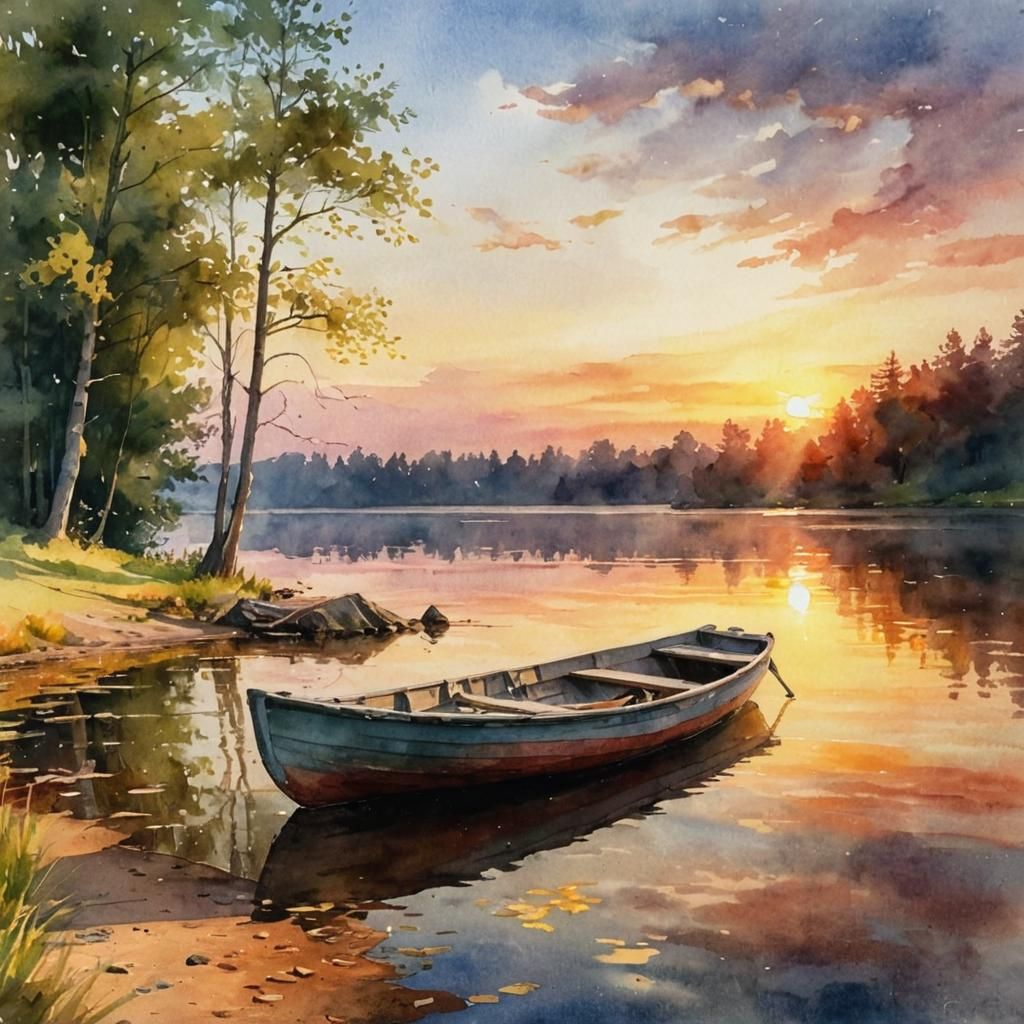 A tranquil scene of a lakeside at sunset   by @Debbie