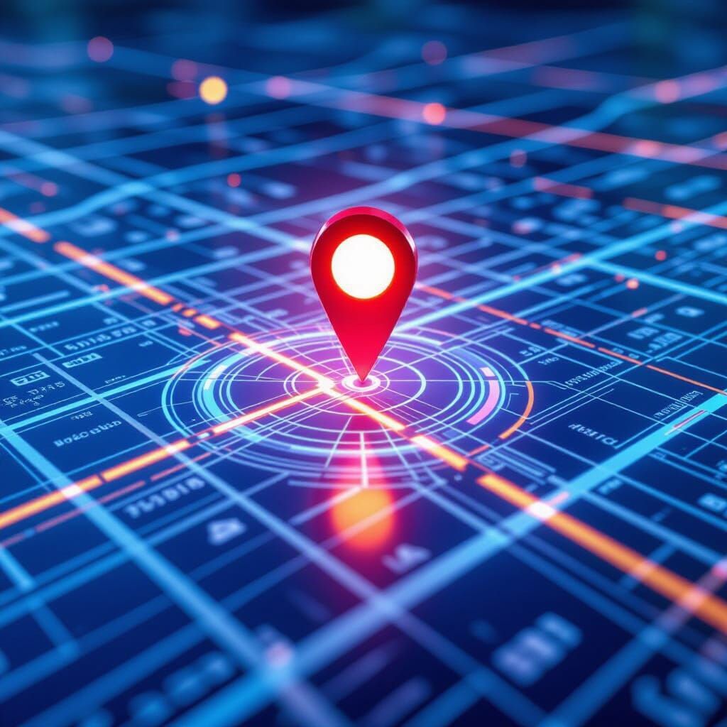 Glowing GPS Pin on Transparent Digital Map