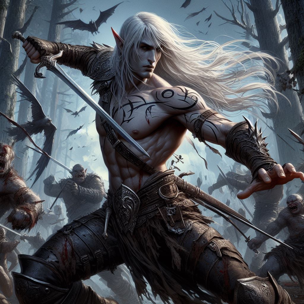 dark elf in battle with orcs