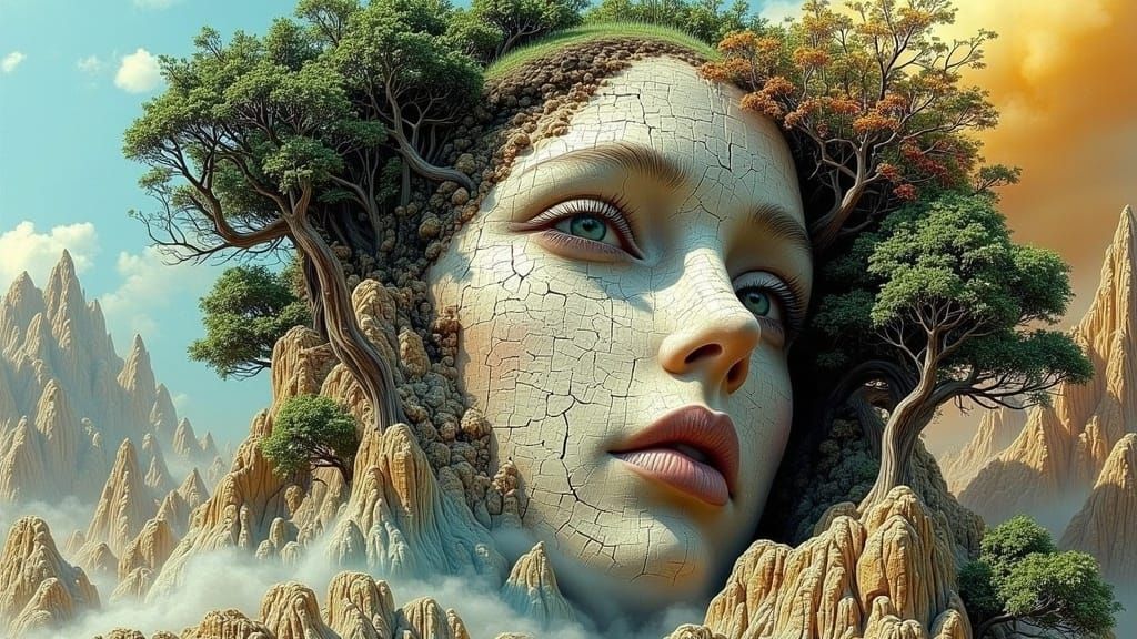 <lora:DistortedImagination:1.0> a face made of cracking plaster is rising out of the landscape, trees, flowers shift and undulate under its...