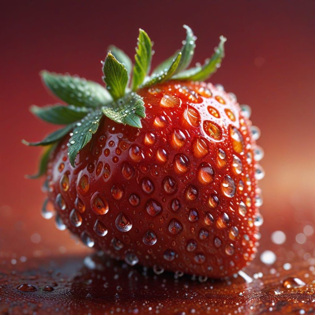 "Ultra close-up photo of a fresh, ripe strawberry covered in glistening water droplets. The texture of ...  by @Nekooo ni