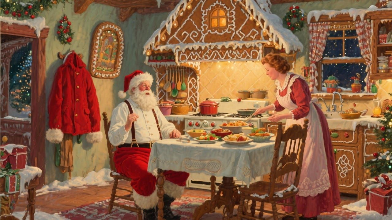 Santa Claus' house, in the kitchen with Mrs. Claus having dinner before he leaves on Christmas eve.  Santa has his red pants, white shirt an...