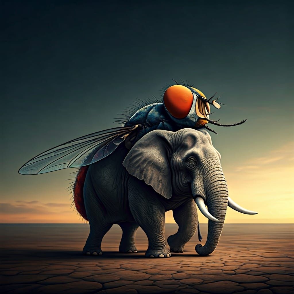 Fly Swallows Elephant in Surrealist Dreamscape