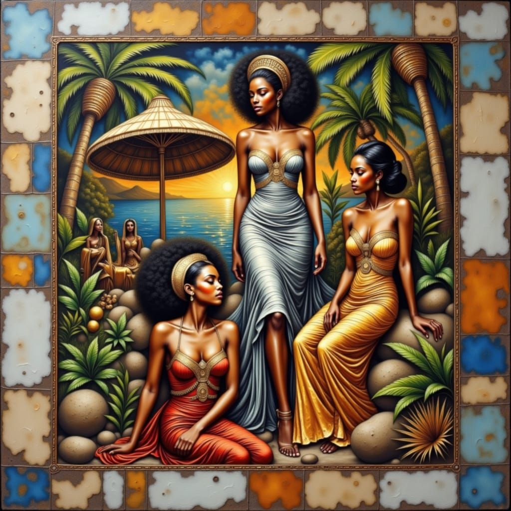 Mauritius Sunset Oil Painting with Golden Robes