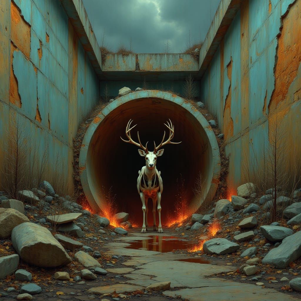 <lora:Brutalist Wilderness:1.0> Oil painting of a skeletal deer emerging from a brutalist tunnel in the style of Zdzisław Beksiński and Odd...