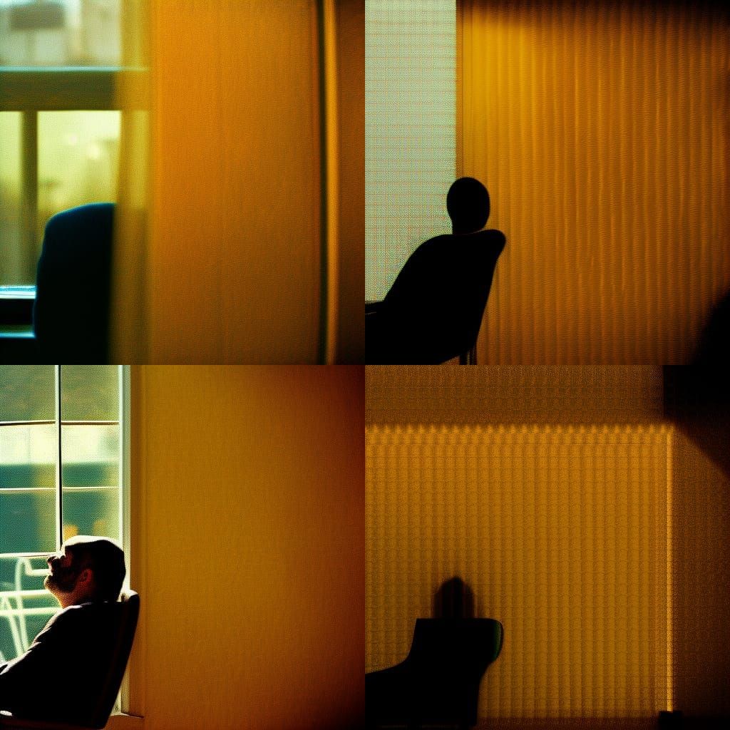 man sitting in a chair looking out a window dreamcore limina...