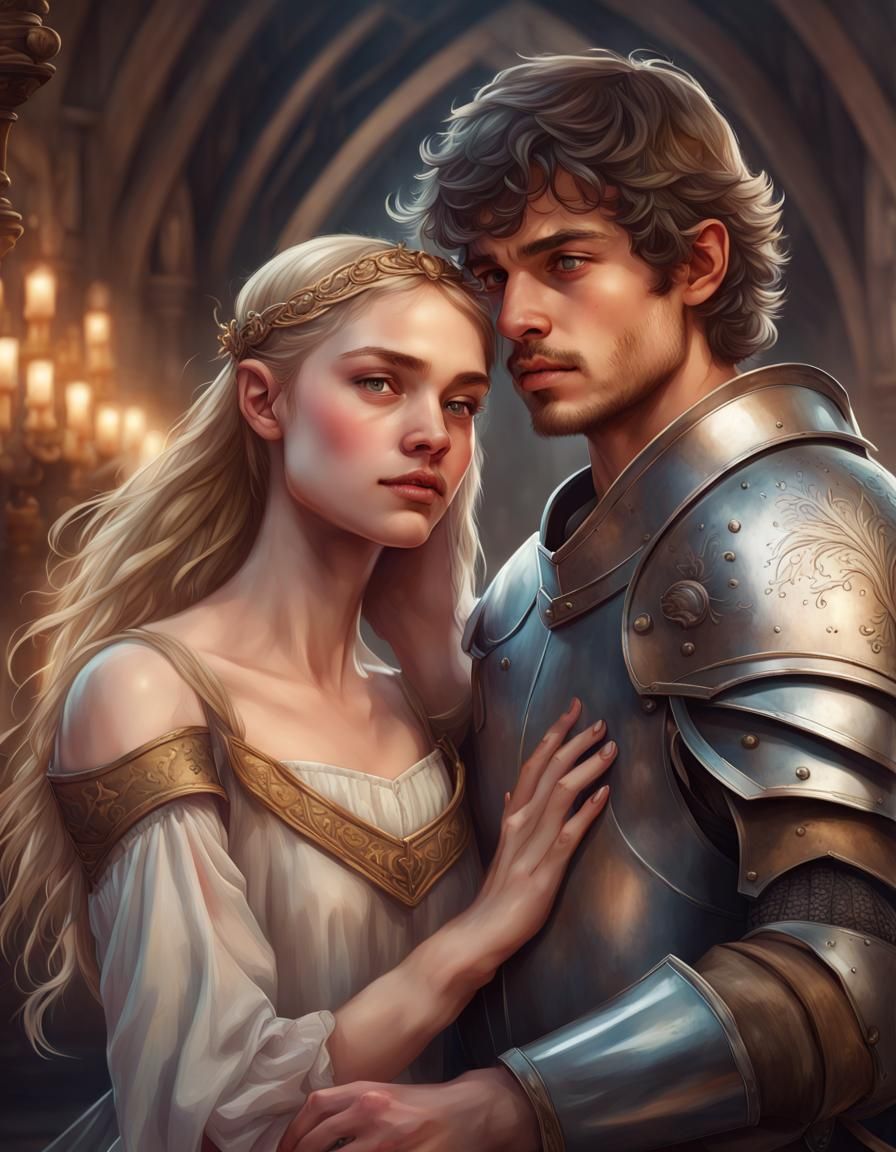 A couple; a young man resembling Noah Centineo as a knight, embracing a ...