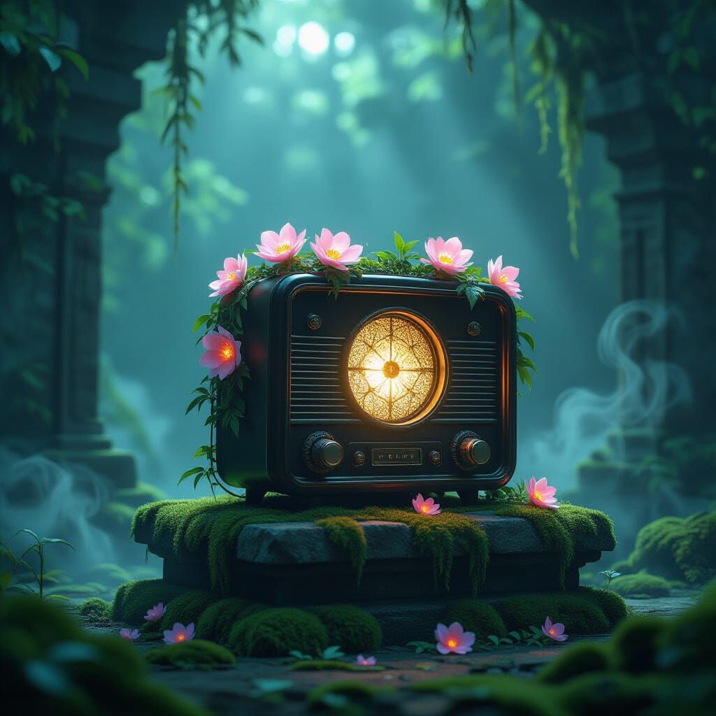 A vintage radio, intricately fused with blooming bioluminescent flora, sits on a moss-covered stone pedestal in a forgotten, overgrown templ...