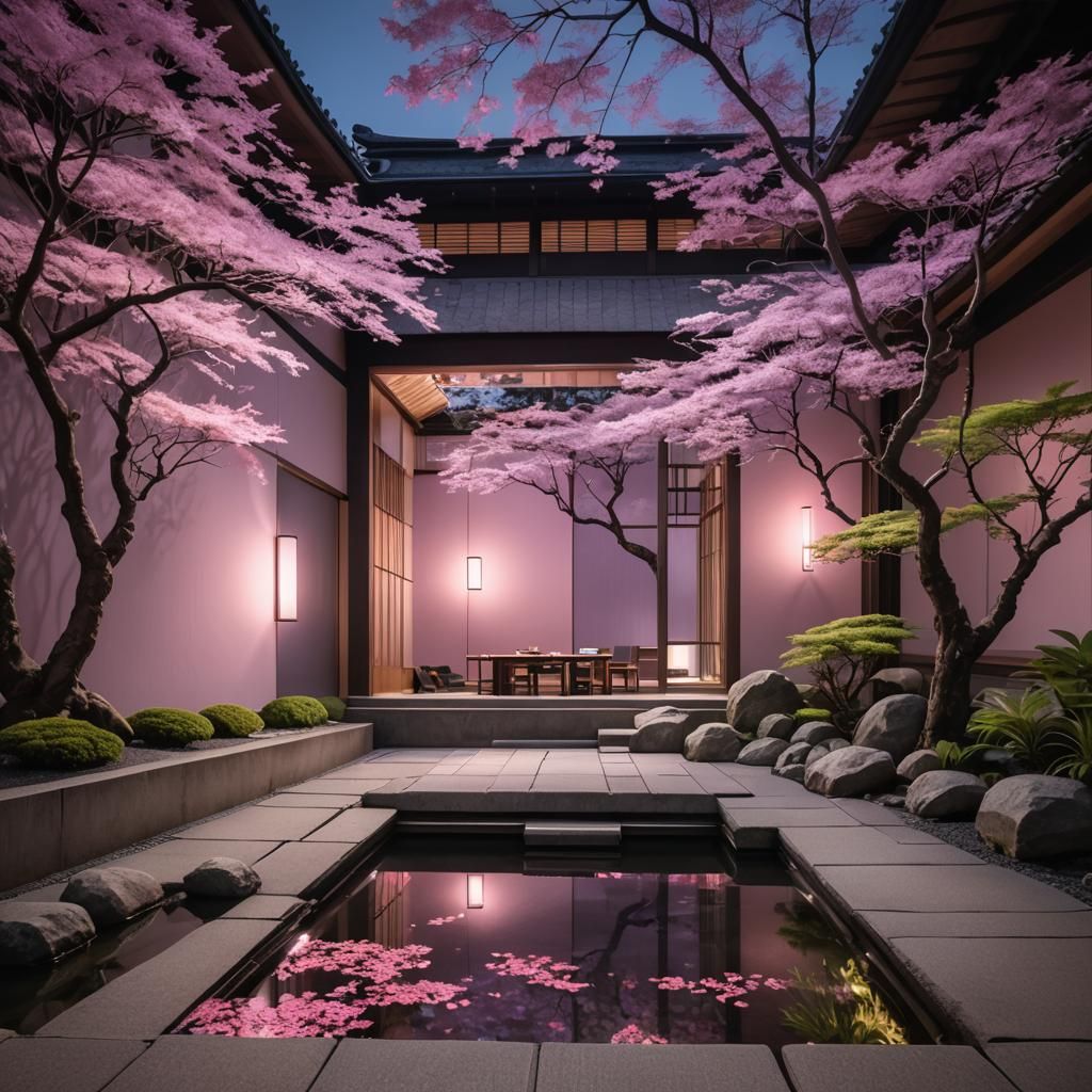 Luxury Kyoto Kitchen with Zen Garden in HDR